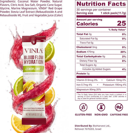 VINIA Resveratrol Electrolyte Hydration Powder Mix | Boost Blood Flow &amp; Circulation | Sea Salt, Coconut Water Potassium, Magnesium,