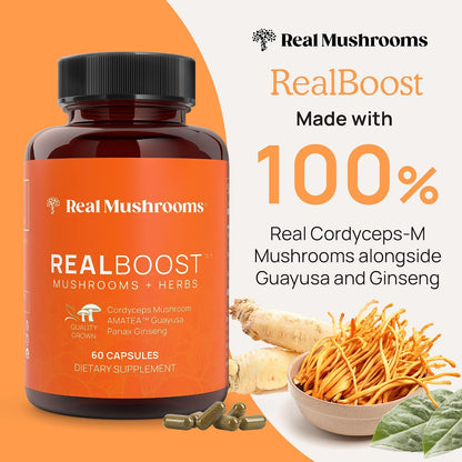 Real Mushrooms RealBoost Capsules – Cordyceps Mushroom, Panax Ginseng & Guayusa Extract – for Overall Wellness & Energy Support – Vegan, Non-GMO, No Fillers – 60 Count Mushroom Supplement Blend