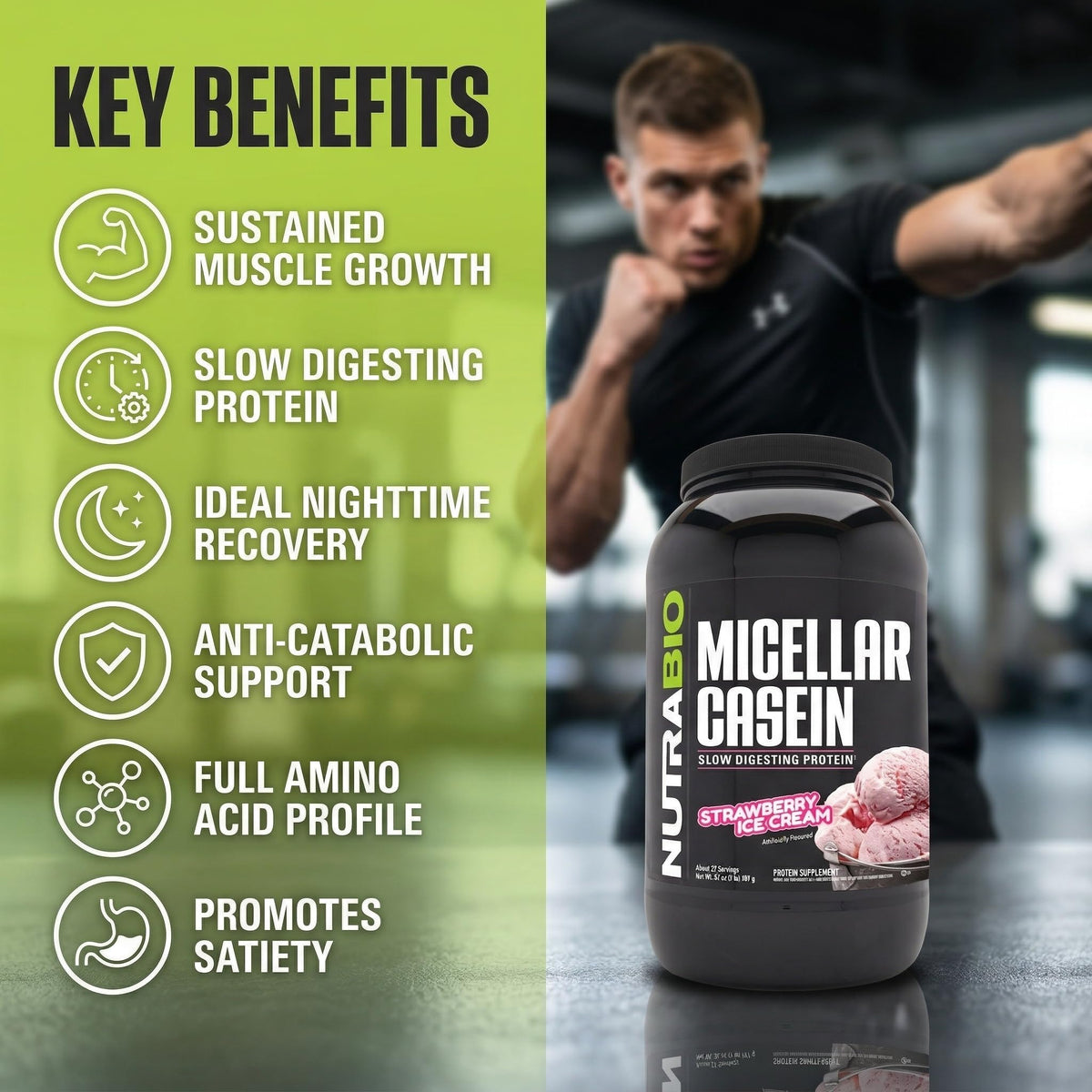 NutraBio Casein Protein Powder, Micellar Casien Powder, 25g Slow Digesting Protein, Helps Keep You Full, Overnight Muscle Recovery & Growth, BCAA & EAA, Gluten Free, Soy Free, 2lb Strawberry Ice Cream