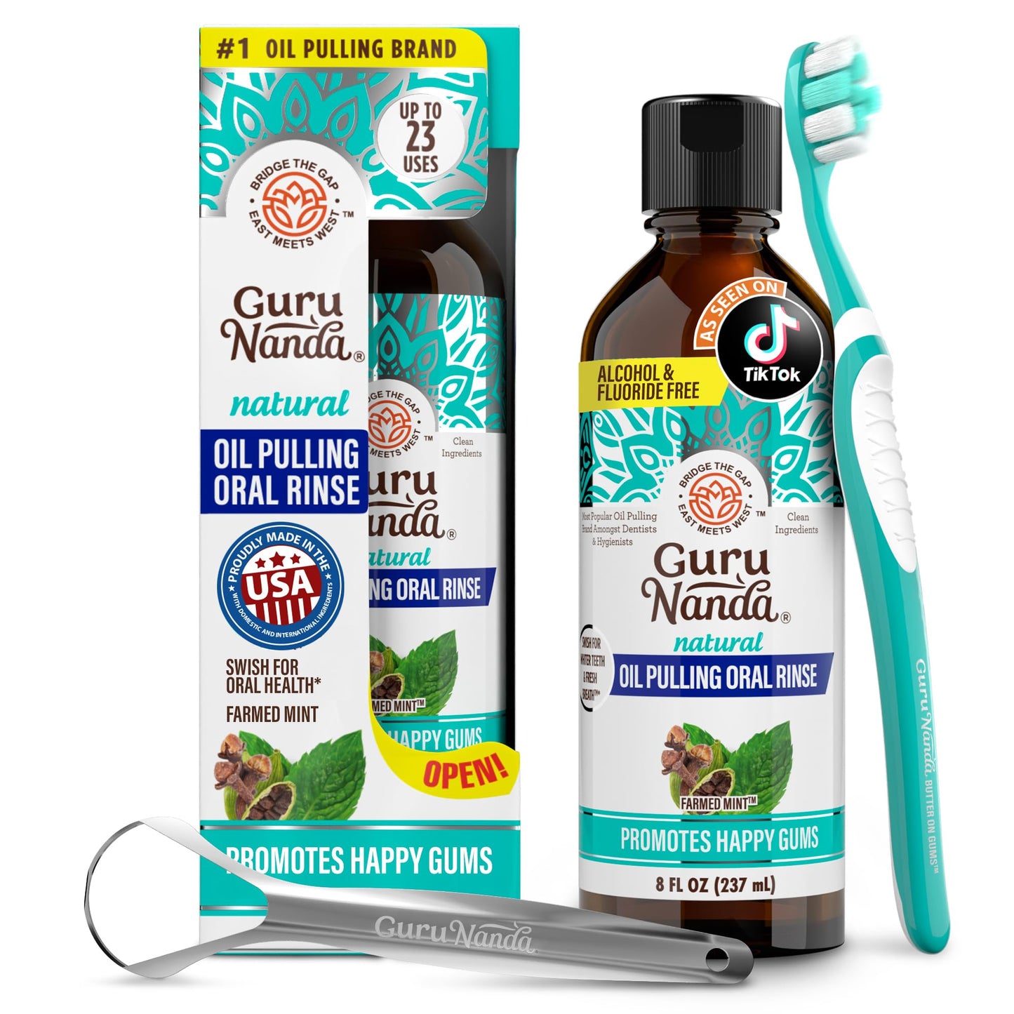 GuruNanda CocoMint Oil Pulling Mouthwash for Complete Oral Hygiene, 7 Essential Oils & Vitamins for Happy Teeth & Gums & Fresh Breath with Toothbrush & Tongue Scraper