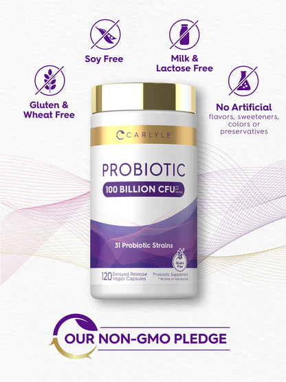 Carlyle Probiotic 100 Billion CFU | 120 Capsules | Delayed Release | 31 Probiotic Strains | with Prebiotic Fiber | Vegan, Non GMO, Gluten Free