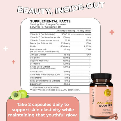Future Kind Vegan Collagen - Supports Collagen Production with Biotin and Vitamin C (60 Capsules in Glass Bottle)