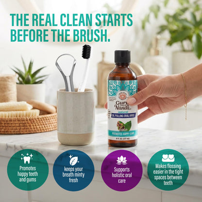 GuruNanda CocoMint Oil Pulling Mouthwash for Complete Oral Hygiene, 7 Essential Oils & Vitamins for Happy Teeth & Gums & Fresh Breath with Toothbrush & Tongue Scraper
