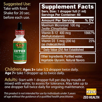 ZETOX | Zeolite Detox for Kids and Adults | Enhanced with Methyl Vitamin B12 and D3 | Premium Grade Liquid Clinoptilolite Zeolite Drops | Supports Gentle Daily Detox, Energy, and Focus (60 Servings)