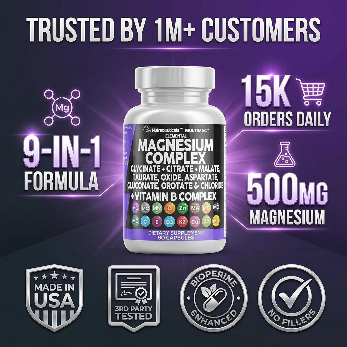 Clean Nutraceuticals Magnesium Complex with Magnesium Glycinate Citrate Malate Oxide Taurate Aspartate Orotate & Mag Chloride, Zinc Copper Manganese & Vitamin C B1 B2 B6 B12 Complex - 1Pack