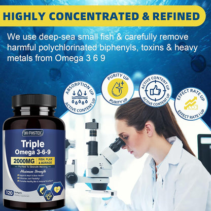DRFOSTER Triple Omega 3-6-9 Fish Oil 2000mg with Vitamin E, 120 Softgels | EPA and DHA Fatty Acids with Flaxseed and Borage, Supports Heart, Brain, Eye, Joint, Skin, and Immune Health, Non-GMO