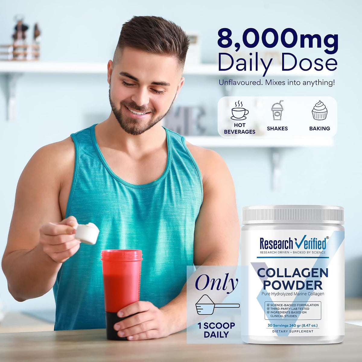 Research Verified® Collagen Powder - Hydrolyzed Marine Collagen Peptides - Unflavored - Skin Hydration and Elasticity, Muscle Recovery, Non GMO - 30 Scoops Per Container - 1 Month Supply