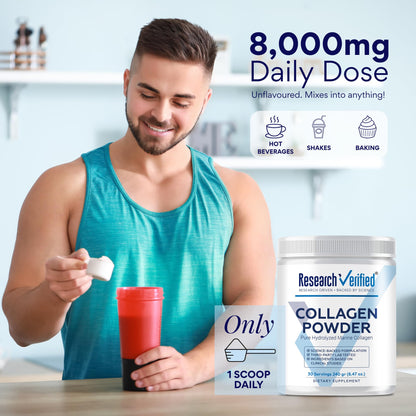 Research Verified® Collagen Powder - Hydrolyzed Marine Collagen Peptides - Unflavored - Skin Hydration and Elasticity, Muscle Recovery, Non GMO - 30 Scoops Per Container - 1 Month Supply