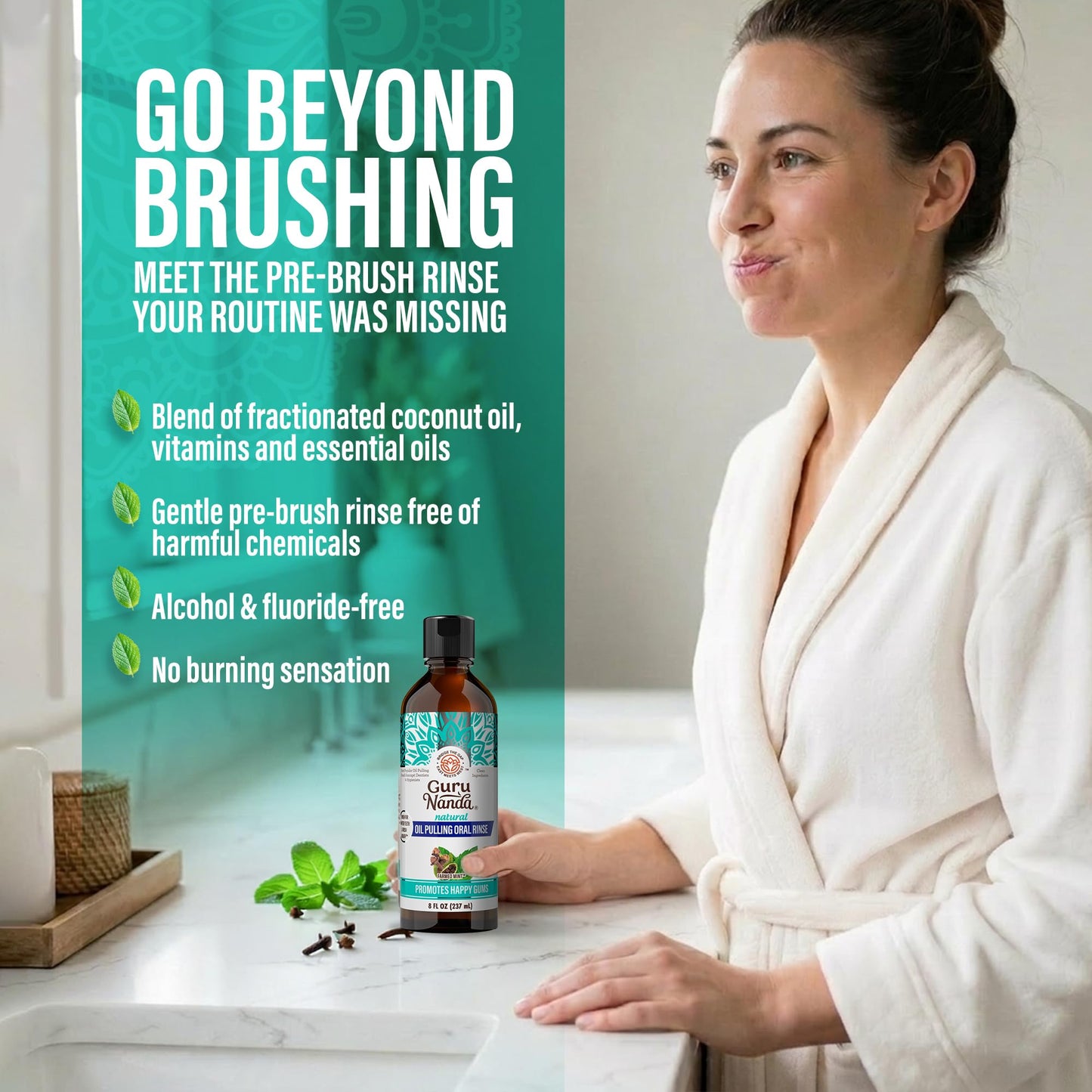 GuruNanda CocoMint Oil Pulling Mouthwash for Complete Oral Hygiene, 7 Essential Oils & Vitamins for Happy Teeth & Gums & Fresh Breath with Toothbrush & Tongue Scraper