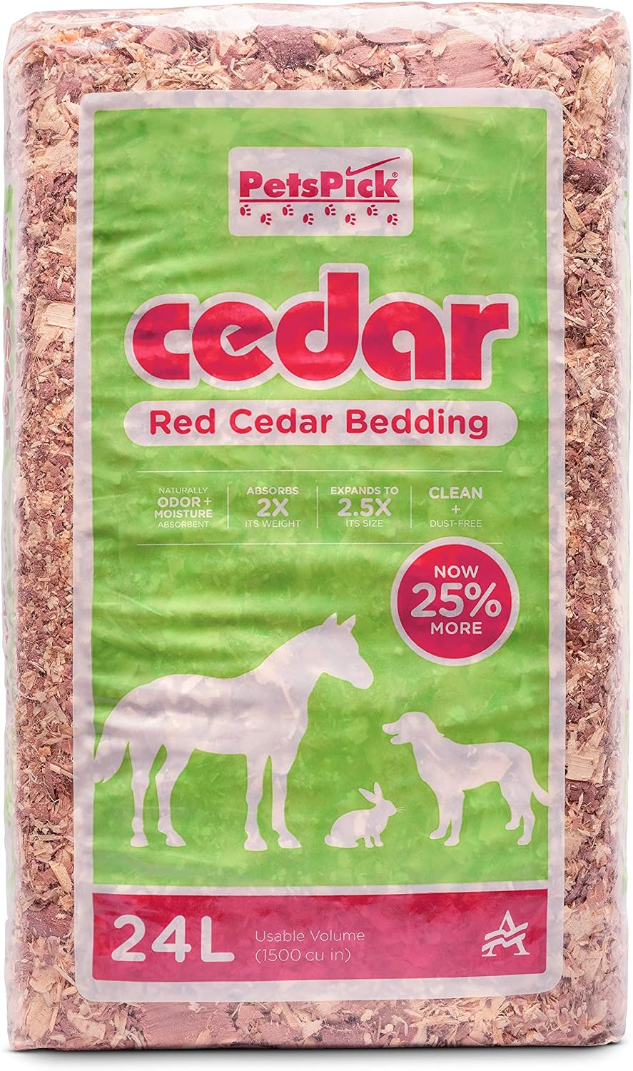 PETSPICK Red Cedar Pet Bedding for Dogs, Horses, Stalls and Kennels, 24 L | Red cedar bedding provides a natural layer for dogs, horses, stalls, kennels and animal areas; 24 L package.