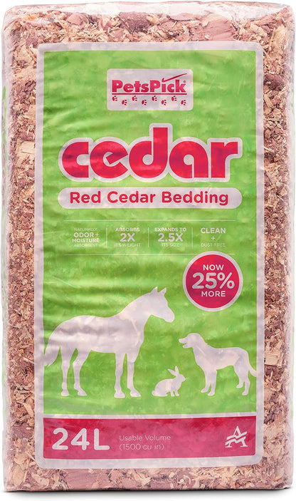 PETSPICK Red Cedar Pet Bedding for Dogs, Horses, Stalls and Kennels, 24 L | Red cedar bedding provides a natural layer for dogs, horses, stalls, kennels and animal areas; 24 L package.
