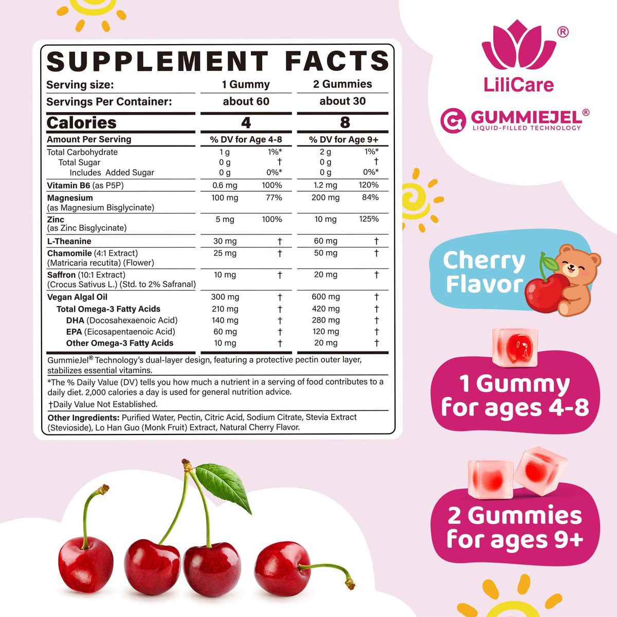 Kids Calm Magnesium Bisglycinate Saffron Gummies + Vegan Omega 3 - Magnesium Glycinate Chelated Supplement for Kids w/L-Theanine & Chamomile, Natural Calming Supplement Focus Gummies Sugar Free, 60ct