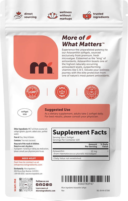 Micro Ingredients Astaxanthin 12mg Per Serving with MCT Oil, 120 Softgels | 4 Month Supply. Natural Microalgae Sourced Astaxanthin Supplement. Easy-to-Swallow. Non-GMO, Gluten Free, Soy Free.