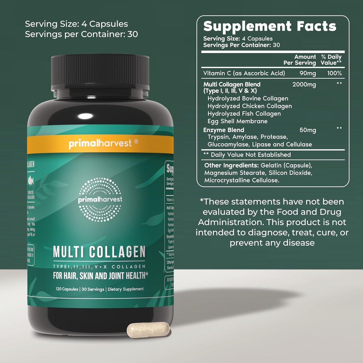 Primal Harvest Multivitamin & Collagen Supplements for Women and Men Multi Vitamin Capsules and Collagen Peptides Pills Bundle