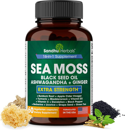 Sandhu Herbals Zinc 50mg & Sea Moss Black Seed Oil Ashwagandha Ginger Burdock Root Supplement for Men & Women| Made in USA