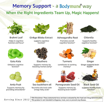 Bodymune MemorySupport Brain Health Formula | Supports Mental Clarity, Recall & Concentration* | USDA Organic Nootropic Blend with Ginkgo Biloba & Ashwagandha | 60 Vegan Caps | Made in USA