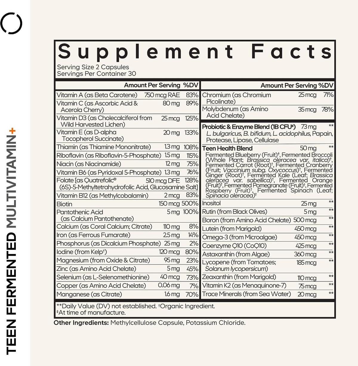 Codeage Teen Multivitamin Supplement – Daily Vitamins and Minerals for Teen Boys and Girls – Organic Whole Food Formula with Omega-3 and Vitamins A to K - 60 Capsules