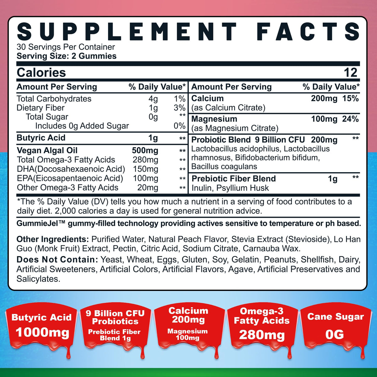 Butyrate Gummies with Probiotic + Prebiotic + Postbiotic, Omega-3 500mg,Fiber with 9 Billion CFU Probiotics, Calcium & Magnesium, Inulin,Psyllium Husk for Digestive Health,Bloating Support,Sugar Free