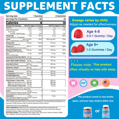 Saffron +Magnesium Glycinate +Omega-3 - Calm Focus Gummies for Kids 4+, Saffron Extract Supplement with L-Theanine, Holy Basil, Rosemary, B6, D3 for Happy Mood, Cognition, Nerve, Sugar Free, 2 Pack