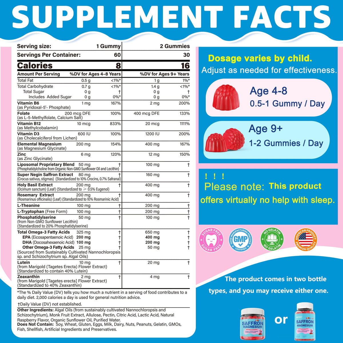 Saffron +Magnesium Glycinate +Omega-3 - Calm Focus Gummies for Kids 4+, Saffron Extract Supplement with L-Theanine, Holy Basil, Rosemary, B6, D3 for Happy Mood, Cognition, Nerve, Sugar Free, 2 Pack