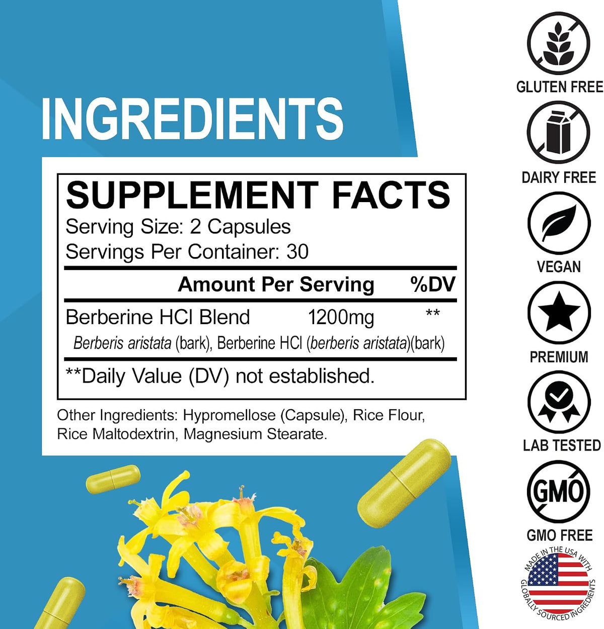 Berberine Supplement Capsules - 1200mg Berberine HCL Supplement for Healthy Metabolic Support - Premium Natural Complex for Women & Men, Pure Support Capsules Supplements - 60 Pills