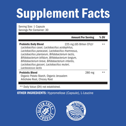 Probiotic 65 Billion - Probiotics with Prebiotic for Women & Men - Lactobacillus Acidophilus Digestive Health Capsules - Targeted Release Technology - Shelf Stable Supplement Non-GMO Dairy Free-30ct