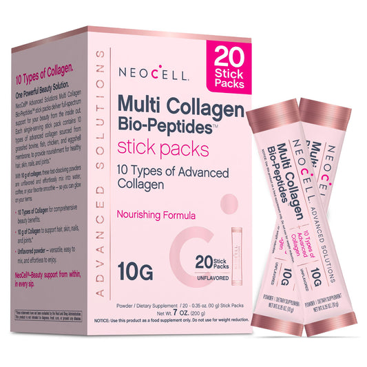NeoCell Multi Collagen Powder | 20 Stick Packs | Unflavored and Mixes Easily | 10 Types of Advanced Collagen Bio-Peptides | Superior Absorption