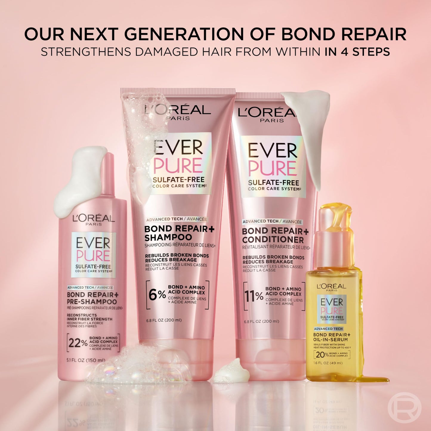 L'Oreal Paris Sulfate Free Bond Repair+ Shampoo and Conditioner Set with Bond + Amino Acid Complex, Strengthens and Repairs Damaged or Color Treated Hair,