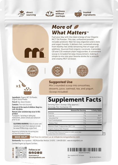 Micro Ingredients Organic MCT Oil Powder with Prebiotic Fiber, 1 lb (16 oz) | C8 & C10 MCT Oil for Coffee Creamer. 45 Servings. Unflavored. Keto & Vegan Friendly, Non-GMO, Gluten Free.