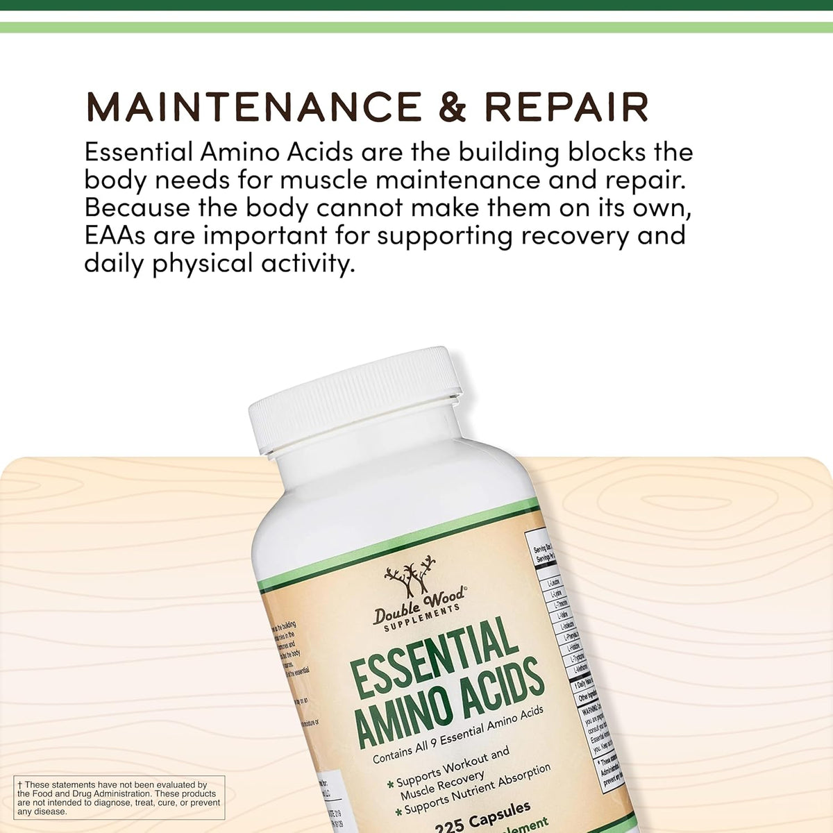 Essential Amino Acids - 1 Gram Per Serving Powder Blend of All 9 Essential Aminos (EAA) and All Branched-Chain Aminos (BCAAs) (Leucine, Isoleucine, Valine) 225 Capsules, Gluten Free by Double Wood
