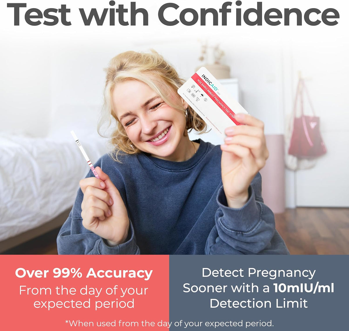 INDICAID 510K Cleared Early Detection Pregnancy Test Strips, High Sensitivity 10mIU to Test 6 Days Before Missing Period, 25 Tests Daily Monitoring of hCG During Pregnancy, Over 99% Accuracy