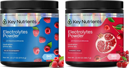 KEY NUTRIENTS Electrolytes Powder Bundle, Sweet Blue Raspberry 90 Servings Jar + Sweet Cherry Pom 90 Servings Jar, Sugar Free Hydration Drink Mix with Vitamins & Minerals, No Calories