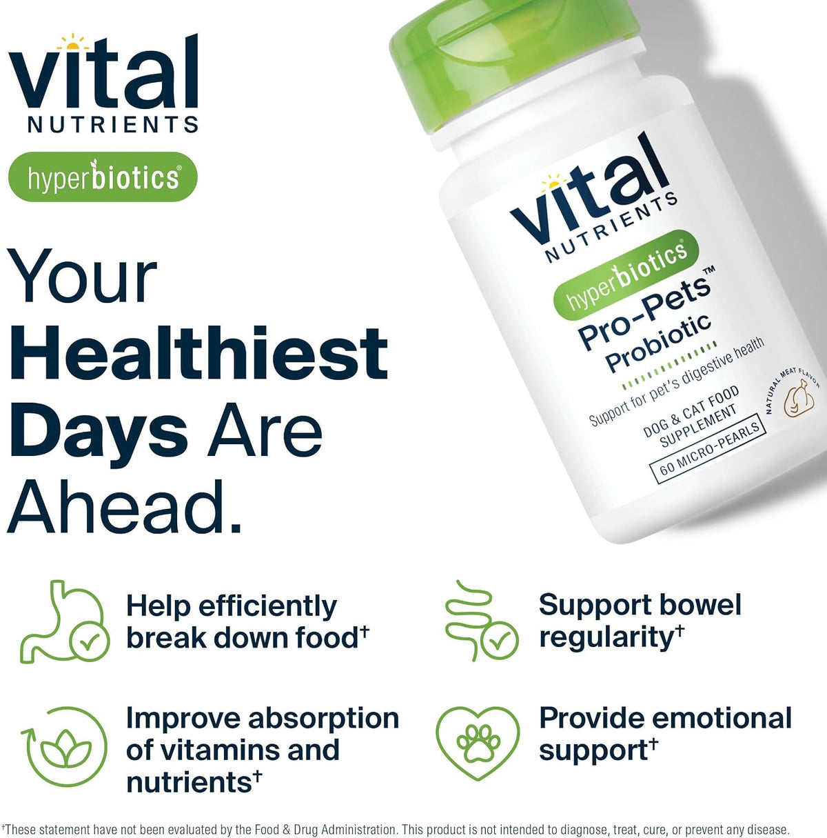 Vital Nutrients Pro Pets Probiotics for Dogs and Cats | Dog Probiotics for Digestive Health, Gut Health, Occasional Diarrhea | Tasty Meat Flavor | Non-GMO | Hyperbiotics | 60 Micro Tablets