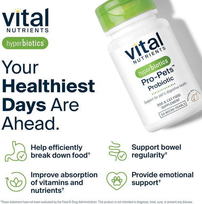 Vital Nutrients Pro Pets Probiotics for Dogs and Cats | Dog Probiotics for Digestive Health, Gut Health, Occasional Diarrhea | Tasty Meat Flavor | Non-GMO | Hyperbiotics | 60 Micro Tablets