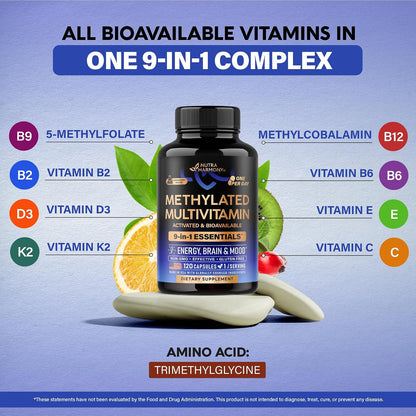 Methylated Multivitamin - B2, B6, 5-MTHF & B12 | Antioxidants C & E | Vitamin D3 & K2 - for Men & Women - 9-in-1 MTHFR Supplement with TMG - Energy, Brain & Mood - Vegan - Lab Tested - 120 Capsules