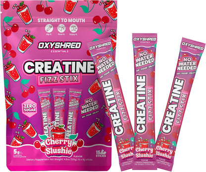 EHP Labs OxyShred Creatine Monohydrate Fizz Sticks, Cherry Slushie, 15 Pack | 5g Micronized Creatine Per Stick. No Water Needed, Zero Sugar, Vegan & Gluten Free. Single Serve On The Go.