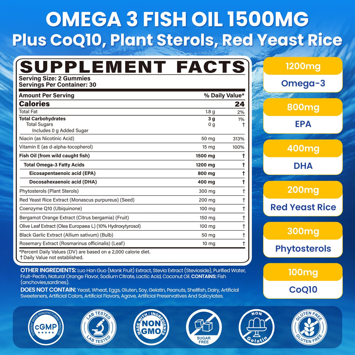 Fish Oil Omega 3 Gummies 1500mg for Adults - Triple Strength with EPA & DHA, COQ10, Red Yeast Rice - Wild Caught Omega 3 Fatty Acids Supplements - Sugar Free, Burpless, 120 Count