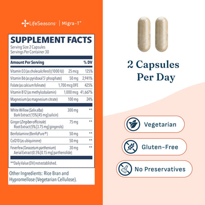 LifeSeasons Migra-T Tension Ease – Headache & Migraine Support Supplement with Feverfew, White Willow, Magnesium, CoQ10 & Ginger – Tension, Light Sensitivity & Nervous System Balance - 90 Capsules