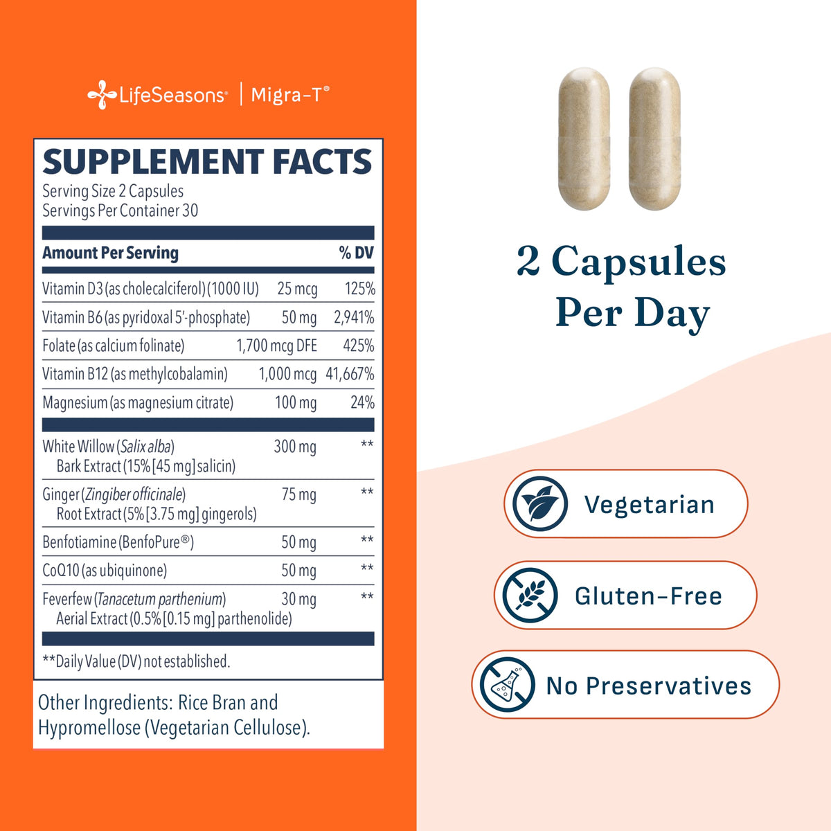 LifeSeasons Migra-T Tension Ease – Headache & Migraine Support Supplement with Feverfew, White Willow, Magnesium, CoQ10 & Ginger – Tension, Light Sensitivity & Nervous System Balance - 90 Capsules