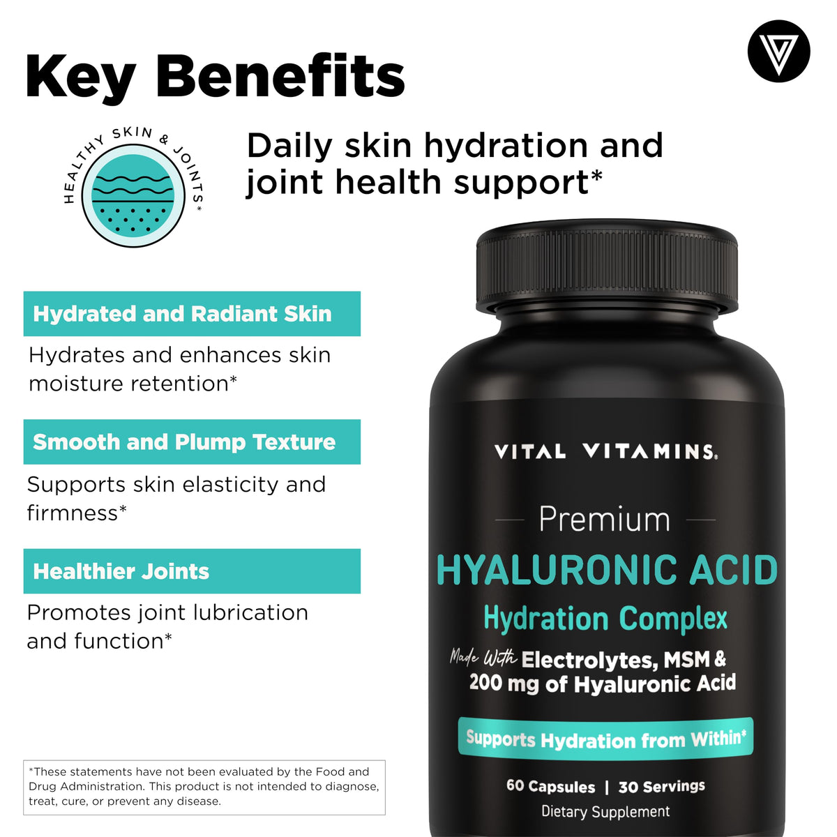 Vital Vitamins Hyaluronic Acid Supplements, 60 Capsules | 200mg Low Molecular Weight HA, Supports Skin Hydration, Elasticity & Joint Comfort, Vegan & Non-GMO