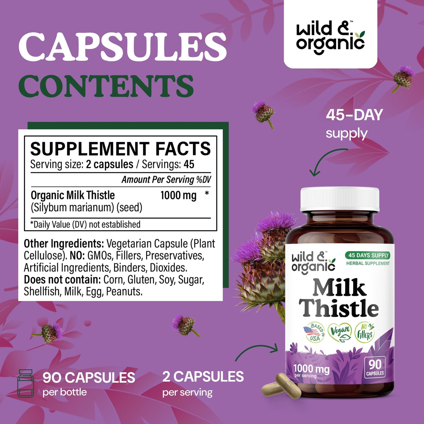 Wild & Organic Milk Thistle Capsules 1000mg - Liver Detox Supplements - Silymarin Milk Thistle Powder for Liver Cleanse - 90 Vegan Capsules - 45-Days Supply - No Fillers, Non-GMO