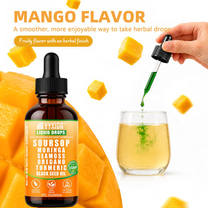 Soursop Bitters Liquid Drops 10 in 1 with Sea Moss, Moringa, Turmeric, Black Seed Oil, Oregano, Ashwagandha | Herbal Extracts for Overall Health-Enhancing |Vegan, Non-GMO| 2 Fl Oz(Mixed Berry Flavor)