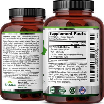 Zazzee Extra Strength Saw Palmetto 20:1 Extract, 40% Fatty Acids, 120 Vegan Capsules, 4 Month Supply, Serenoa Repens, Daily Wellness & Men’s Health Support, Herbal Supplement, Non-GMO, Made in the USA