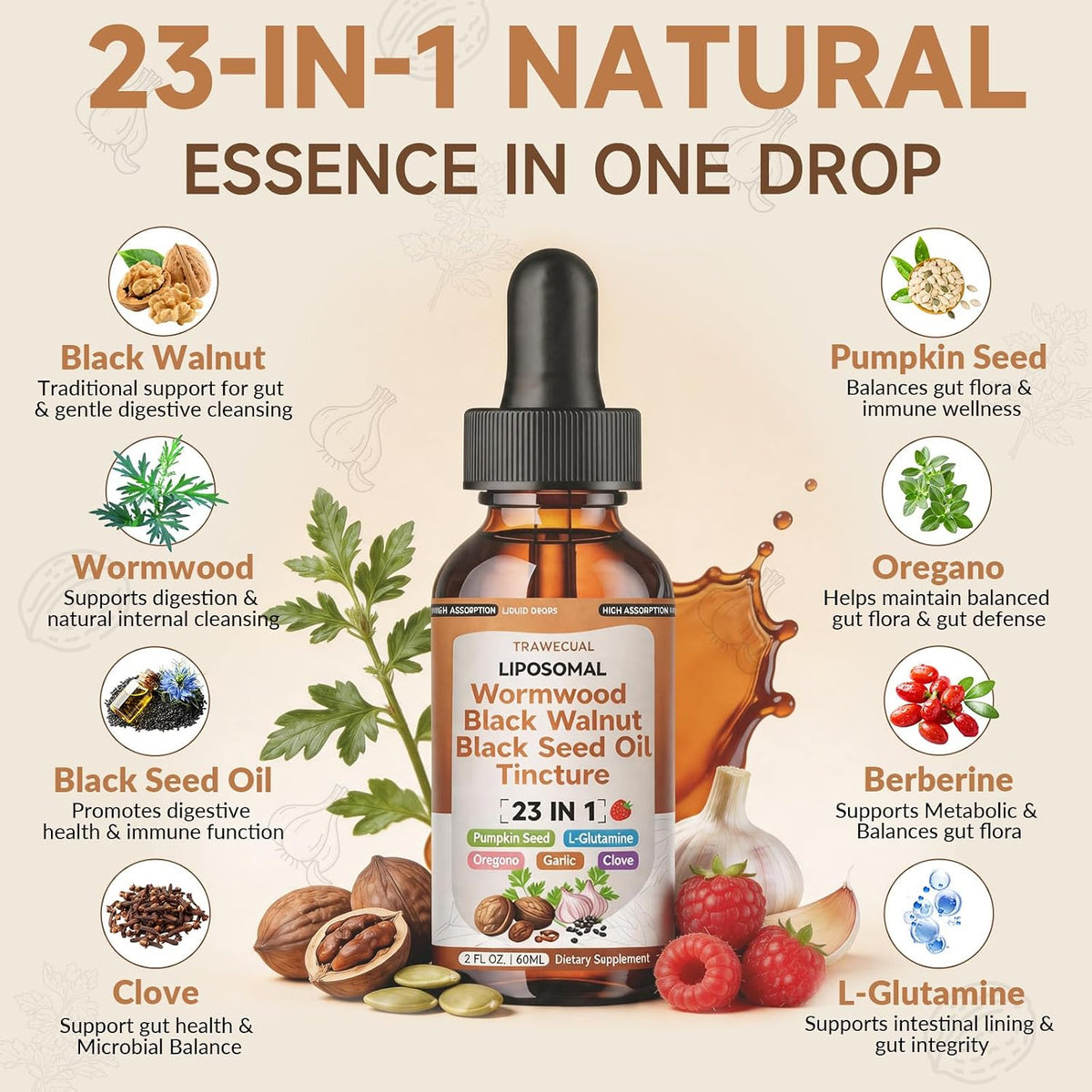 Black Walnut Wormwood Black Seed Oil Cleanse Tincture, 23-in-1 Gentle Gut Detox & Digestive Health Support with Clove, Pumpkin Seed, Oregano, Berberine - Liposomal, Raspberry Flavor, 2FL