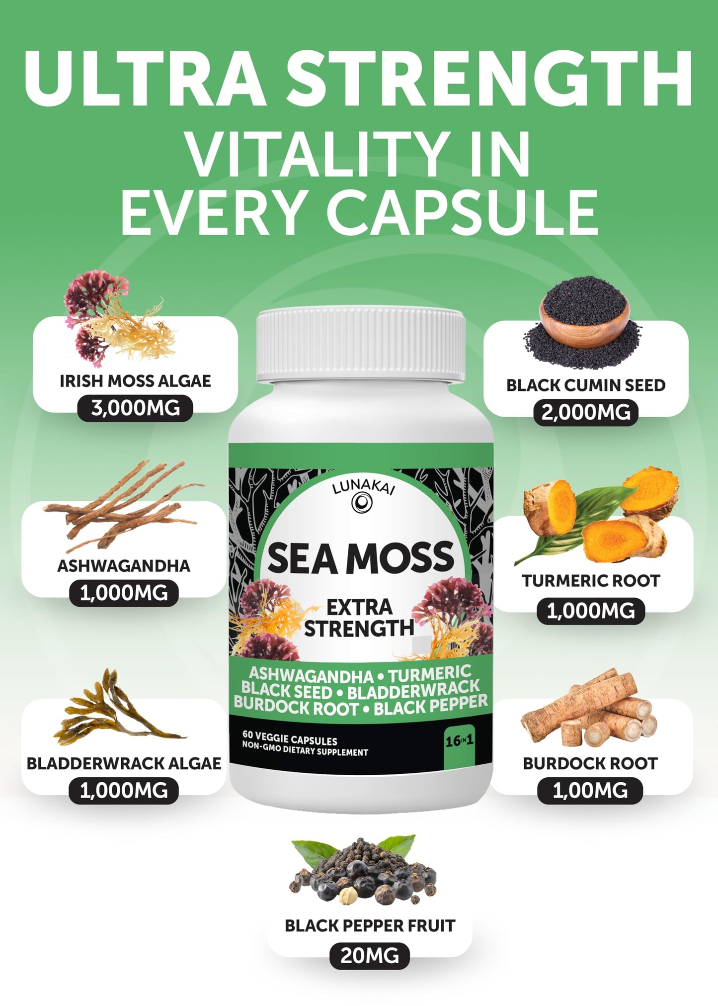 Lunakai USA Made Superfood Fruits & Veggies Supplement & Irish Sea Moss Bundle with 4 Blends, Black Seed Oil & Ashwagandha for Immune & Wellness Support Lunakai buy supplements Au