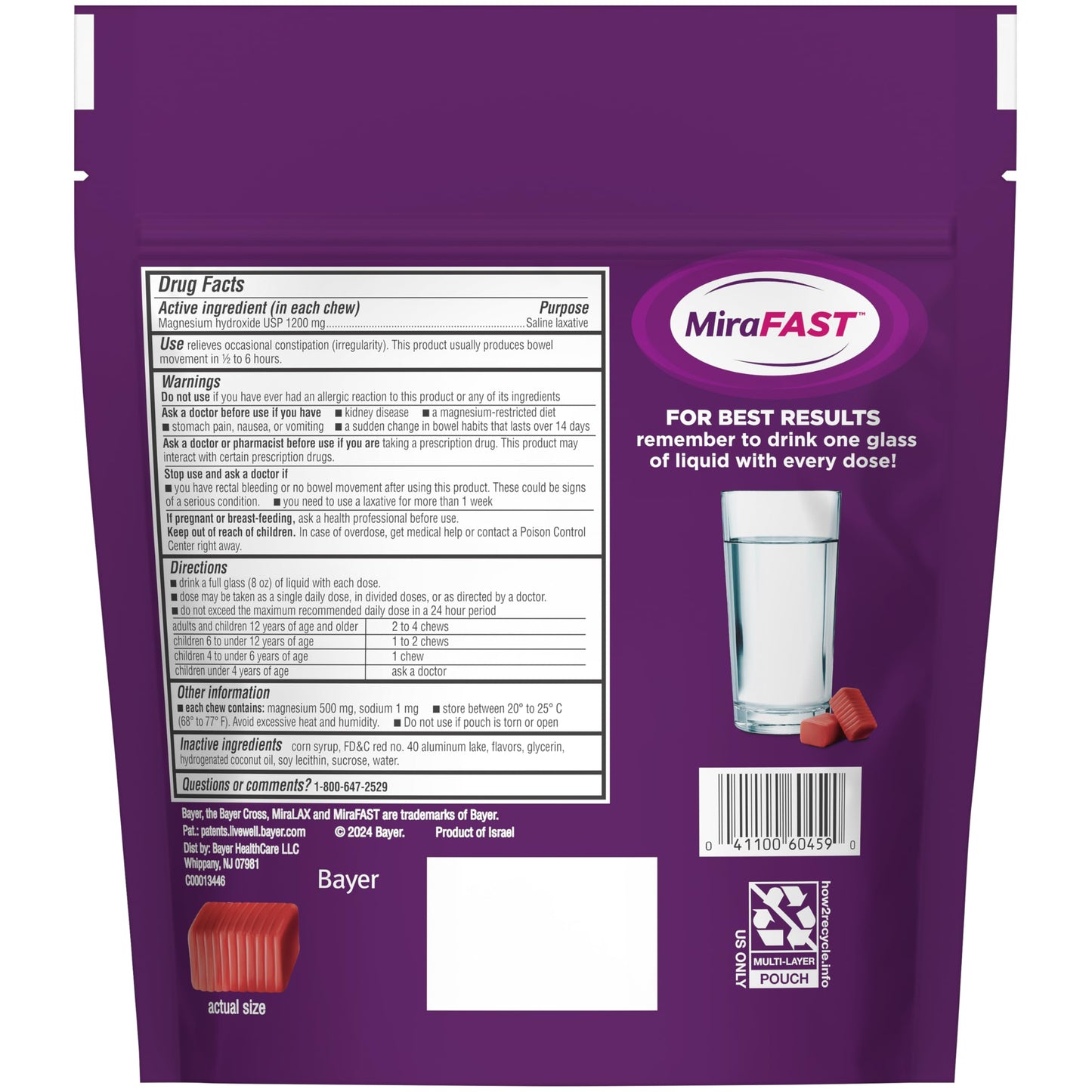 MiraFAST Soft Chews, from the Makers of MiraLAX, Gentle Constipation Relief, Fast Acting, Stimulant Free Saline Laxative, Magnesium Hydroxide, Blueberry & Raspberry Flavor, 60ct