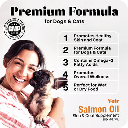 Vetr Norwegian Salmon Oil for Dogs & Cats, 16.9 oz Squeeze Bottle - Pure Wild-Caught Omega-3 Fish Oil Liquid Supplement - Supports Healthy Skin & Shiny Coat