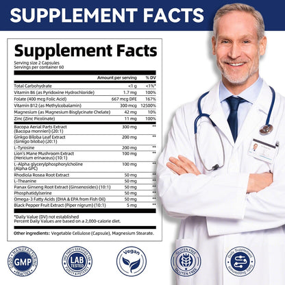 Brain Supplements for Memory & Focus - Nootropic with Bacopa Monnieri, Lion's Mane, Alpha GPC, Phosphatidylserine | Supports Mental Clarity & Cognitive Function | Vitamin B6 & B12-120 Capsules