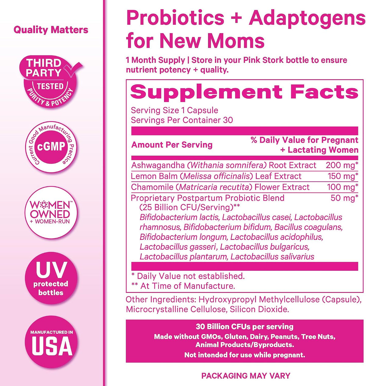 Pink Stork Probiotics for Postnatal Women - 30 Billion CFUS with Ashwagandha and Chamomile, Postpartum Essentials for Hormone Balance, Mood Support, Gut Health, Digestive Wellness, 30 Capsules