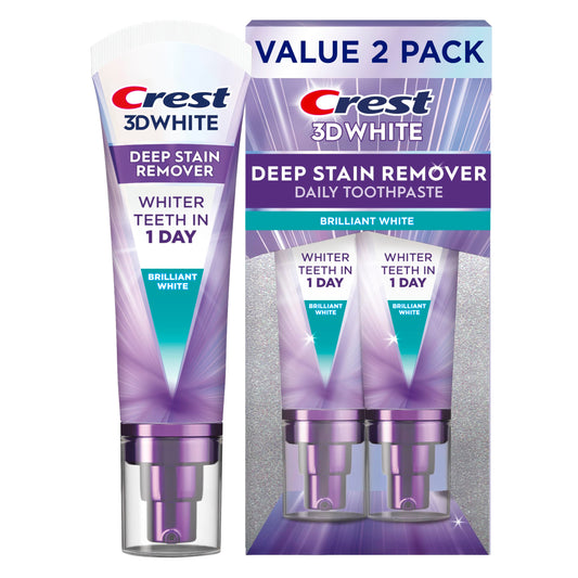 Crest 3D White Deep Stain Remover Toothpaste, Teeth whitening for Adults, 3.1oz, 2 Pack, Sensitivity Safe, Enamel Repair, Cavity Protection
